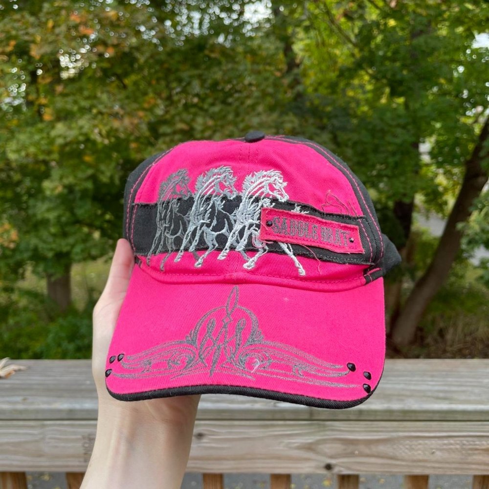 Y2K Pink and Black Saddle Brat Rhinestone Hat